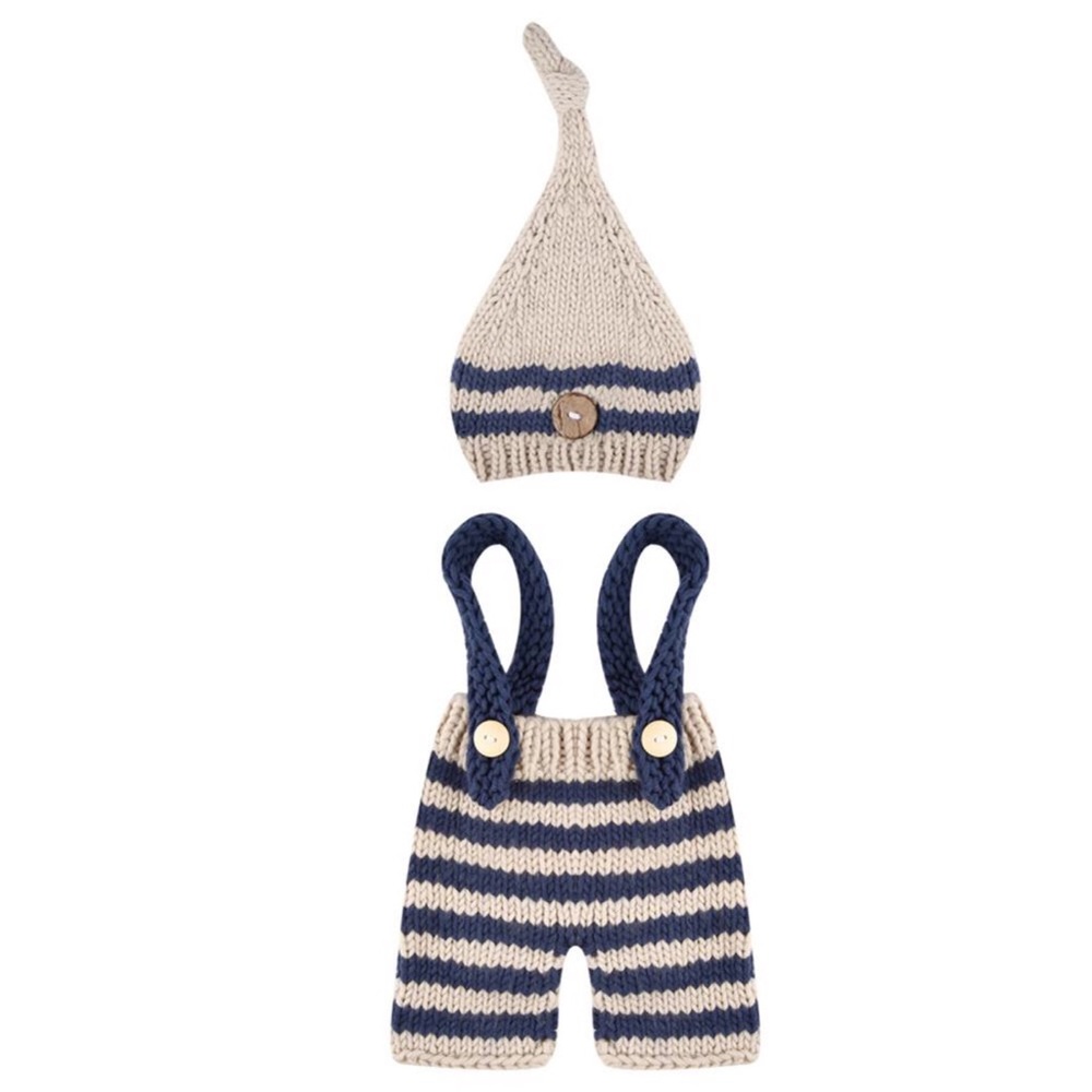 Newborn Baby Hand Knit Blue & Khaki Outfit Photography Prop - Picture 3 of 11